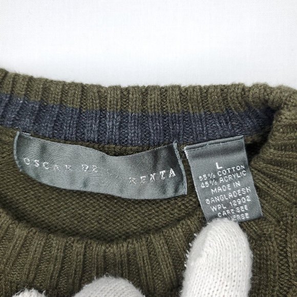 Oscar De La Renta Sweater Mens Large Green Cable Knit Pullover Casual Cotton - Picture 2 of 7